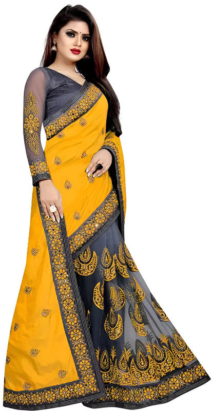 Dishitha Creation Indian Women's Designer Embroidered Art Silk Saree - Yellow | Swadesiicart