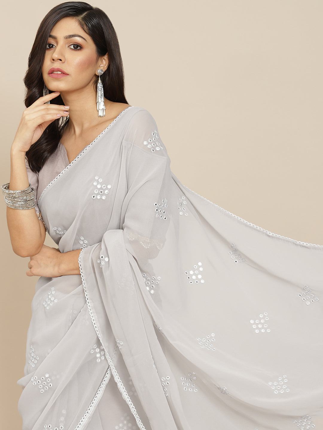 Tikhi Imli Grey Embroidered Mirror-Work Saree | Swadesiicart
