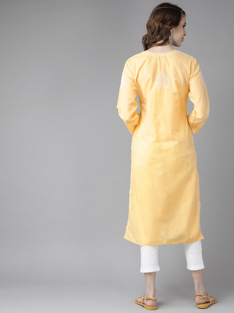 ADA Women Yellow & White Cotton Sustainable Hand Embroidered Chikankari Kurta & Trousers | Swadesiicart