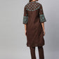 ADA Women Brown & Green Chikankari Embroidered Handloom Kurta with Trousers | Swadesiicart