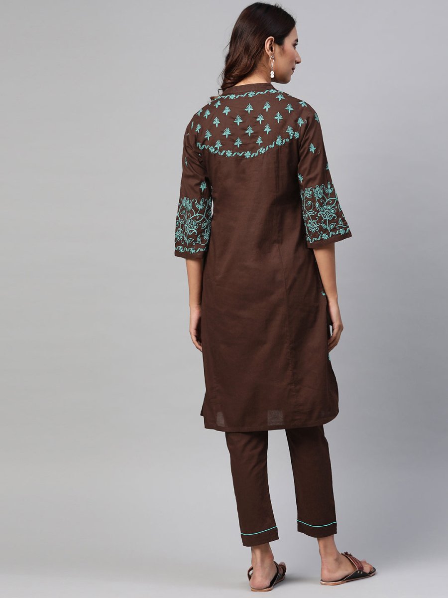 ADA Women Brown & Green Chikankari Embroidered Handloom Kurta with Trousers | Swadesiicart