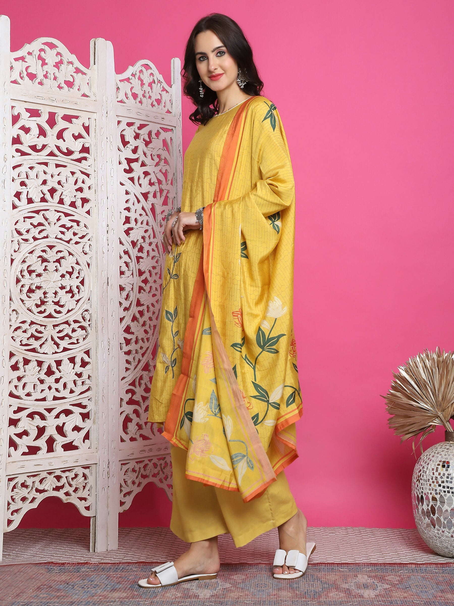 Jyoti Fashion Women's Yellow Muslin Floral Print with Jari & Crystal work Kurta with Trouser & Dupatta | Swadesiicart