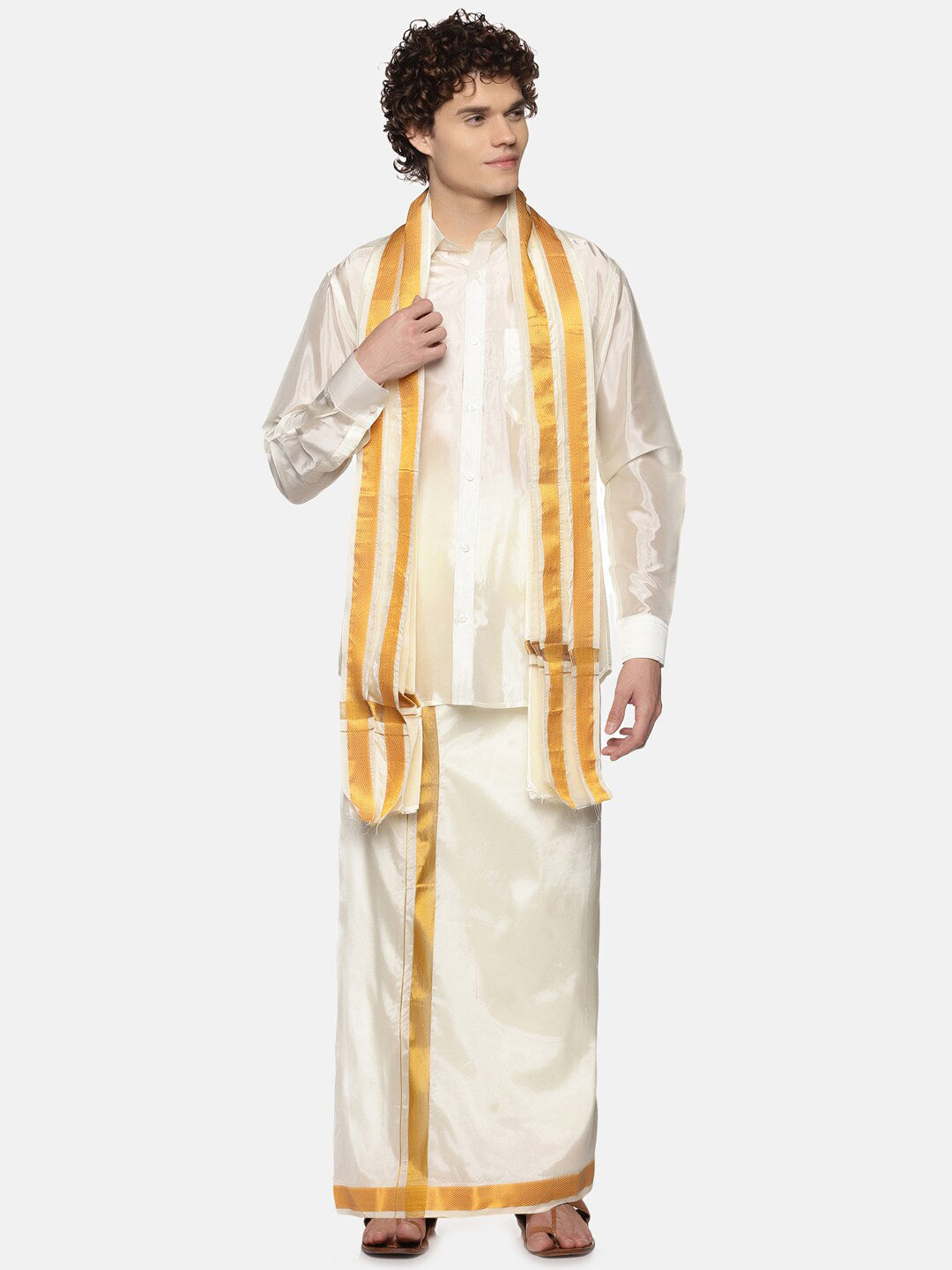 Sethukrishna Men Cream-Coloured Solid Art Silk Dhoti With Angavastram | Swadesiicart