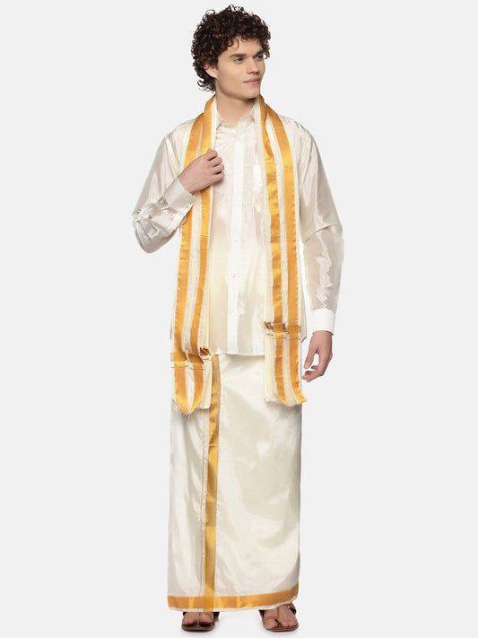 Sethukrishna Men Cream-Coloured Solid Art Silk Dhoti With Angavastram | Swadesiicart