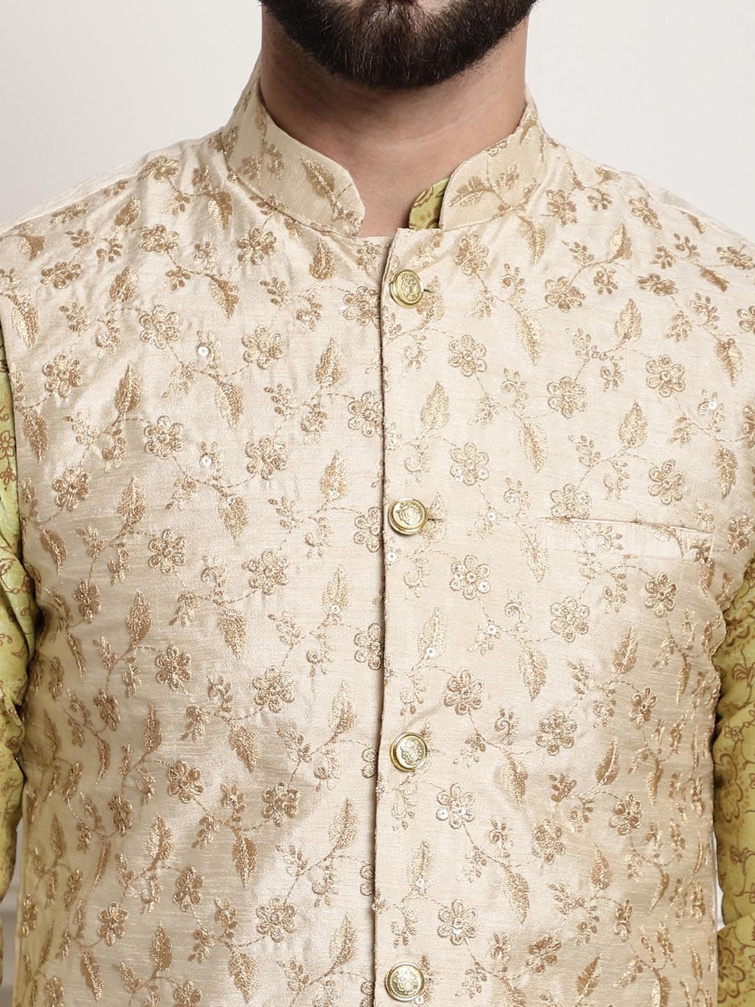 Sojanya Men Lime Green Ethnic Motifs Printed Kurta with Pyjamas & Nehru Jacket | Swadesiicart
