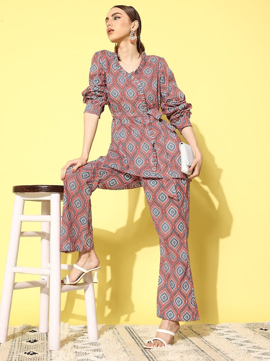 InWeave Women's Pink Blue Ogee Print Belted Coord Set - Swadesiicart