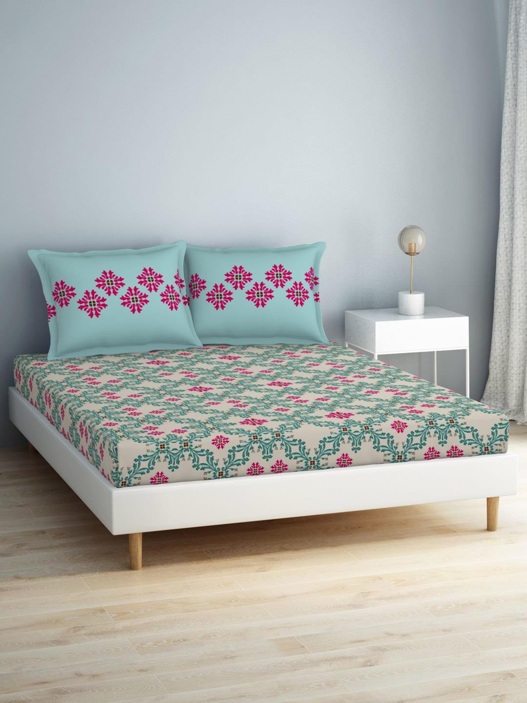 SPACES Aurum Blue Ethnic Motifs Pure Cotton 140 TC Queen Bedsheet With 2 Pillow Covers - Swadesiicart