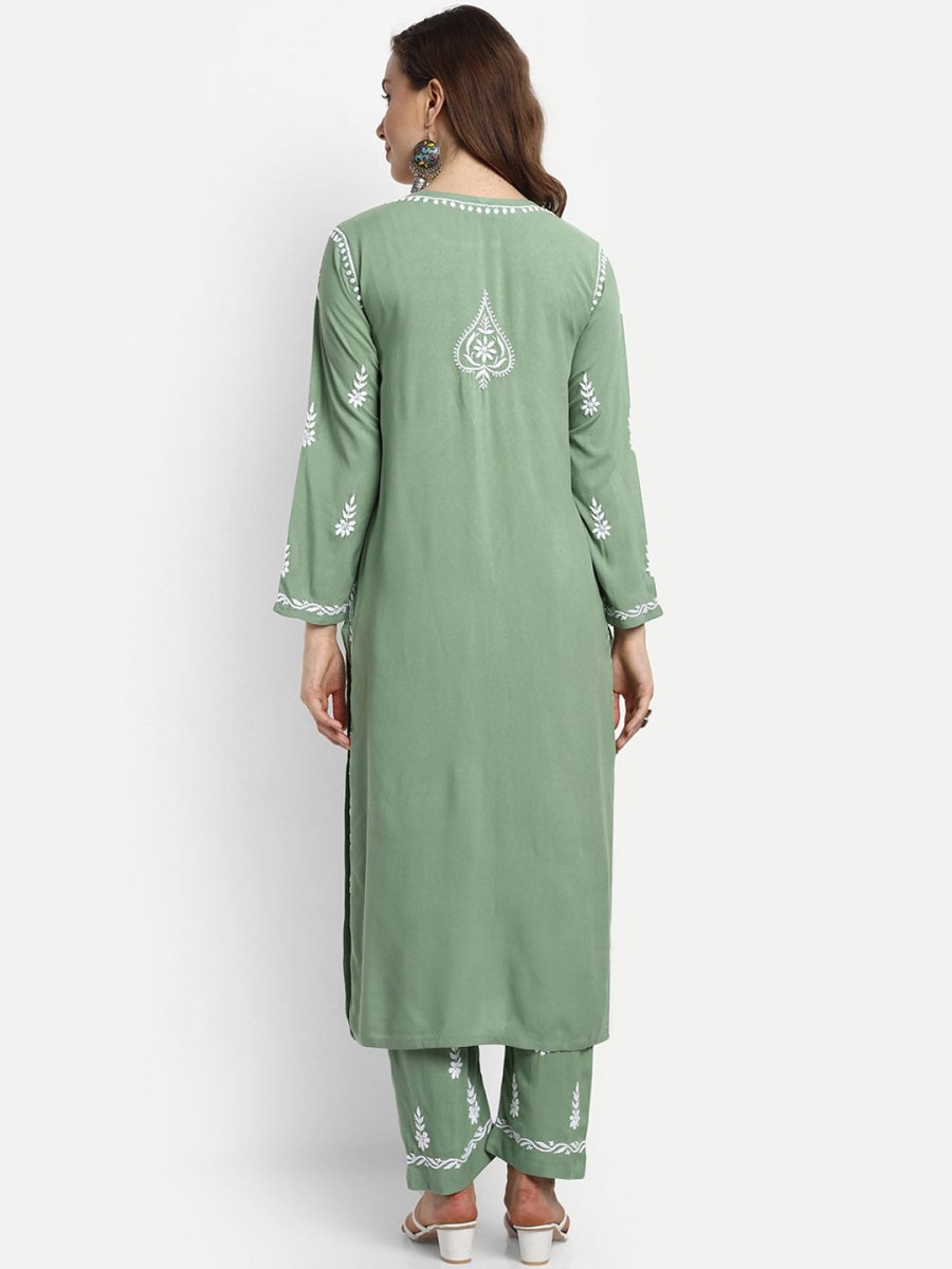 ADA Ethnic Motifs Embroidered Chikankari Kurta with Trousers | Swadesiicart