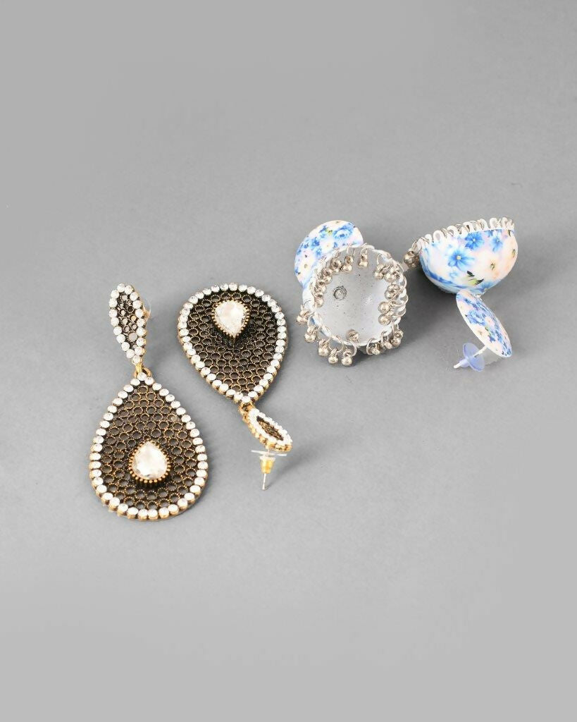 VOJ Set Of 2 Earrings- Blue Printed Jhumka With Black AD Studded Drop Earrings - Swadesiicart