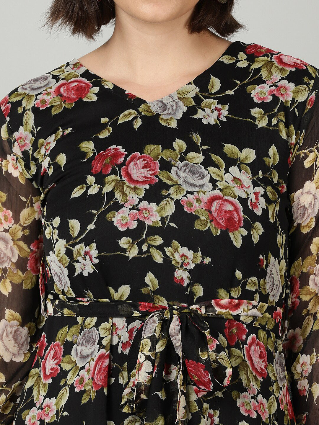 Souchii Black & Pink Floral Chiffon Midi Dress - Swadesiicart