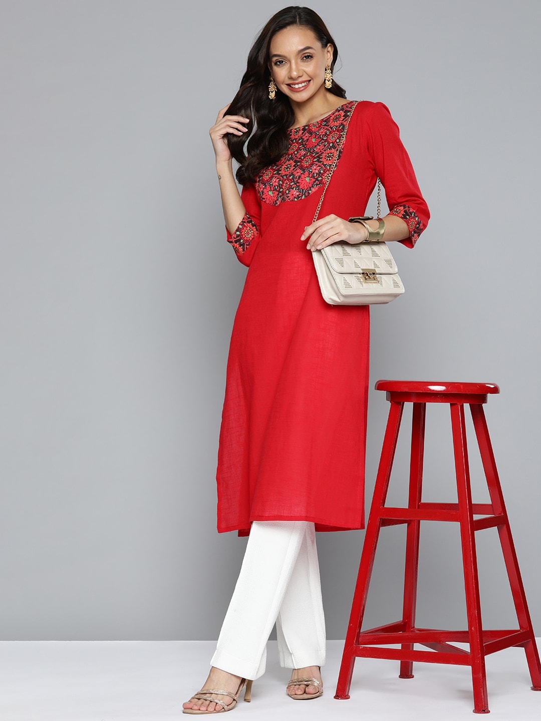 HERE&NOW Women Red & Black Yoke Design Pure Cotton Kurta - Swadesiicart