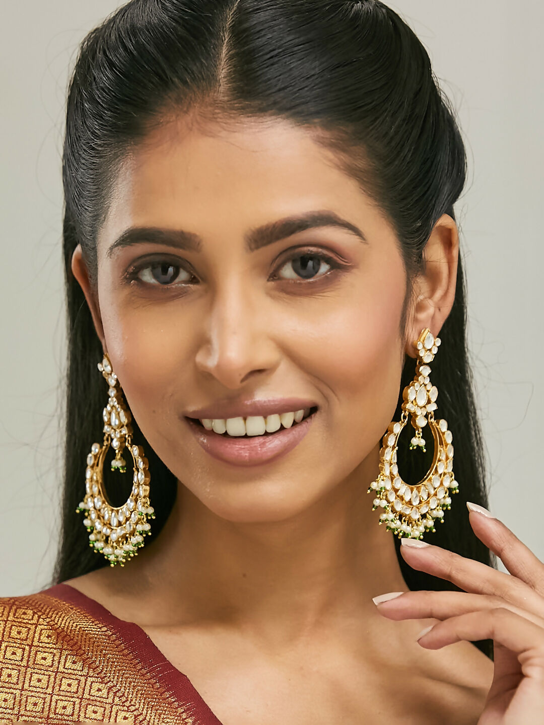 Nuyug 22K Gold-Plated Elegant Kundan Studded & Beaded Floral Chandbali Earrings | Swadesiicart
