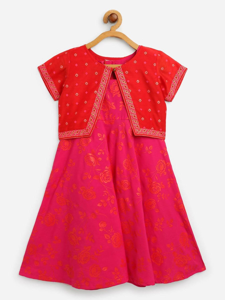 Ahalyaa Pink Crepe Floral Printed Kids Kurta with Jacket For Girls | Swadesiicart