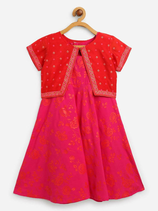 Ahalyaa Pink Crepe Floral Printed Kids Kurta with Jacket For Girls | Swadesiicart