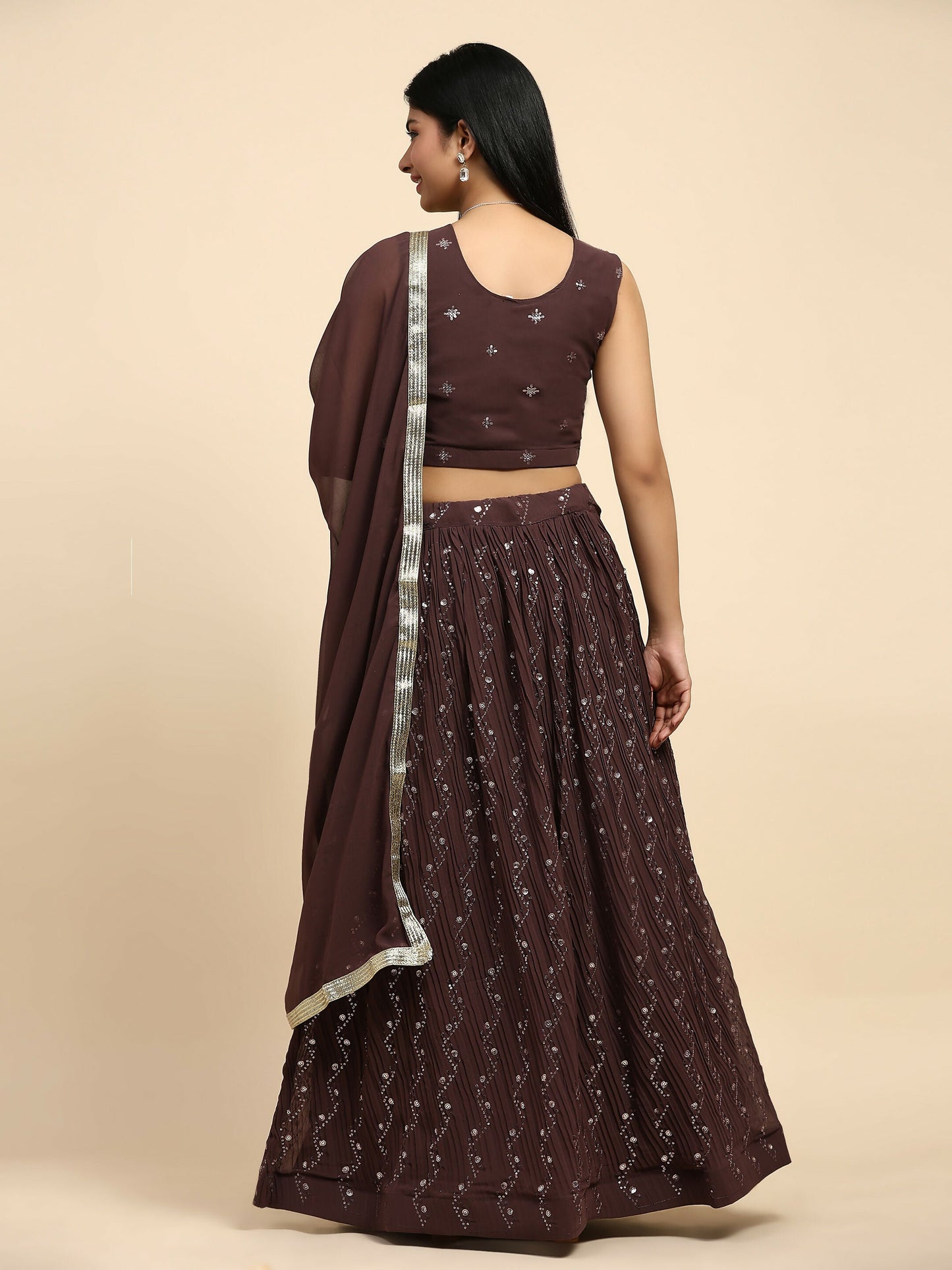 Brown Georgette Embroidered Lehenga choli with Dupatta - Dhara | Swadesiicart