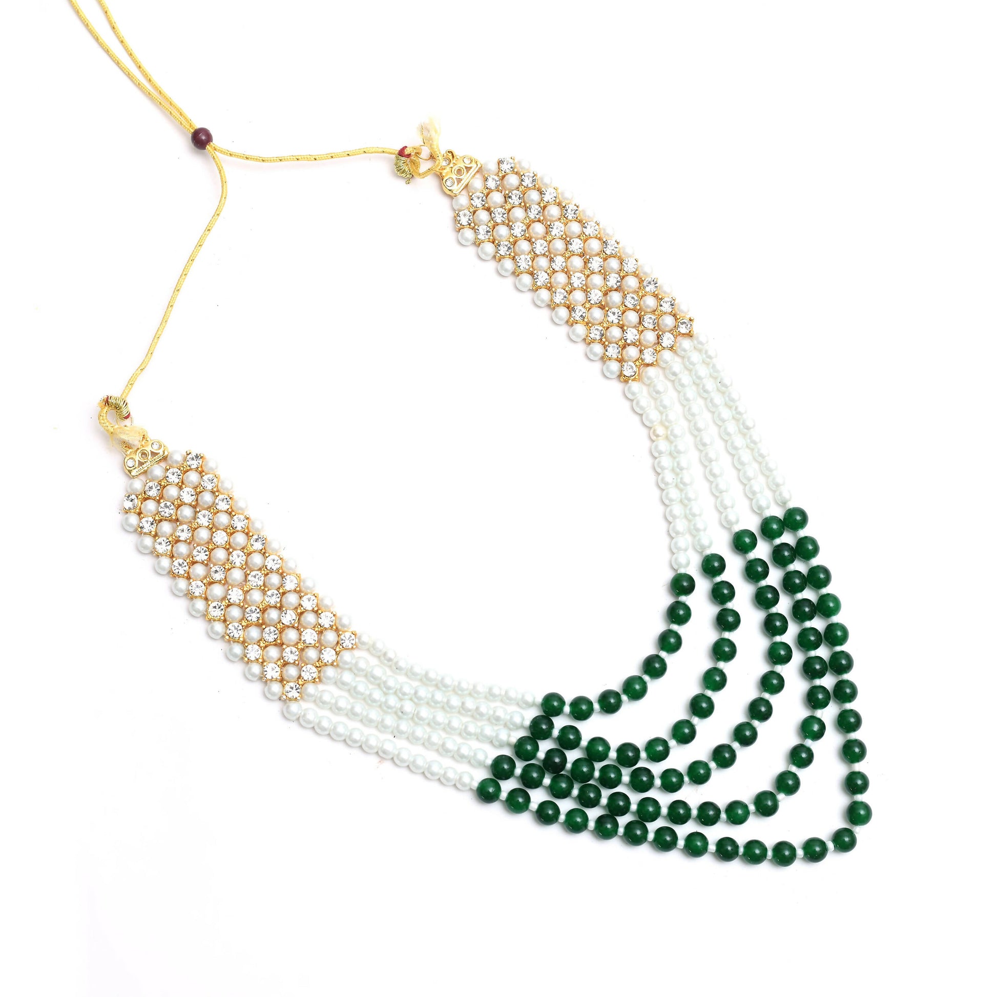 Mominos Fashion Johar Kamal Gold-Polished Rani Haar with Cream Green and Off white Pearls Jewellery Set - Swadesiicart