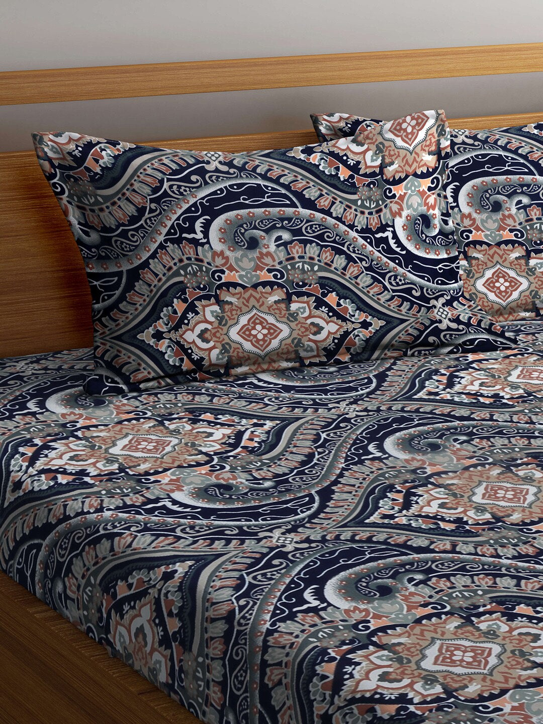 KLOTTHE Blue & Brown Ethnic Motif Printed 300 TC Fitted King Bedsheet With 2 Pillow Covers - Swadesiicart