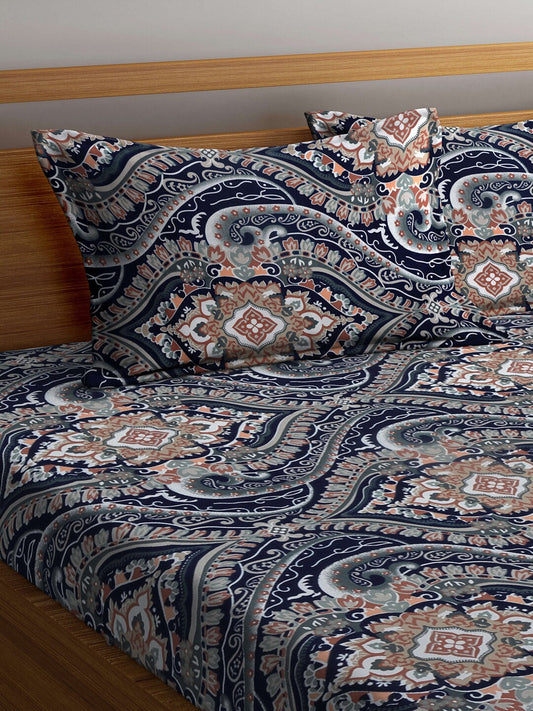 KLOTTHE Blue & Brown Ethnic Motif Printed 300 TC Fitted King Bedsheet With 2 Pillow Covers - Swadesiicart