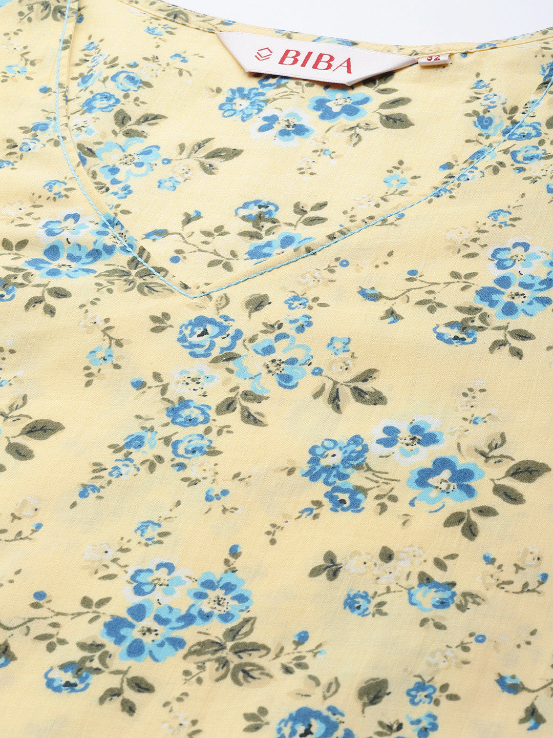 Biba Women Cream-Coloured & Blue Pure Cotton Floral Print Straight Kurta - Swadesiicart