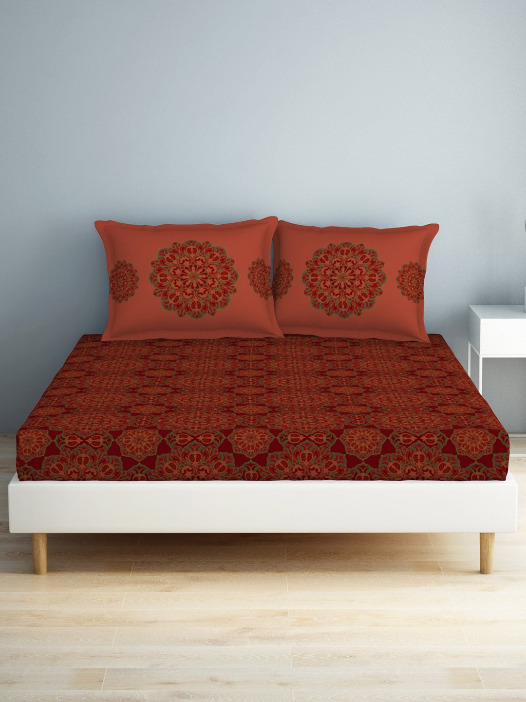 SPACES Aurum Red Ethnic Motifs Pure Cotton 140 TC Queen Bedsheet with 2 Pillow Covers - Swadesiicart