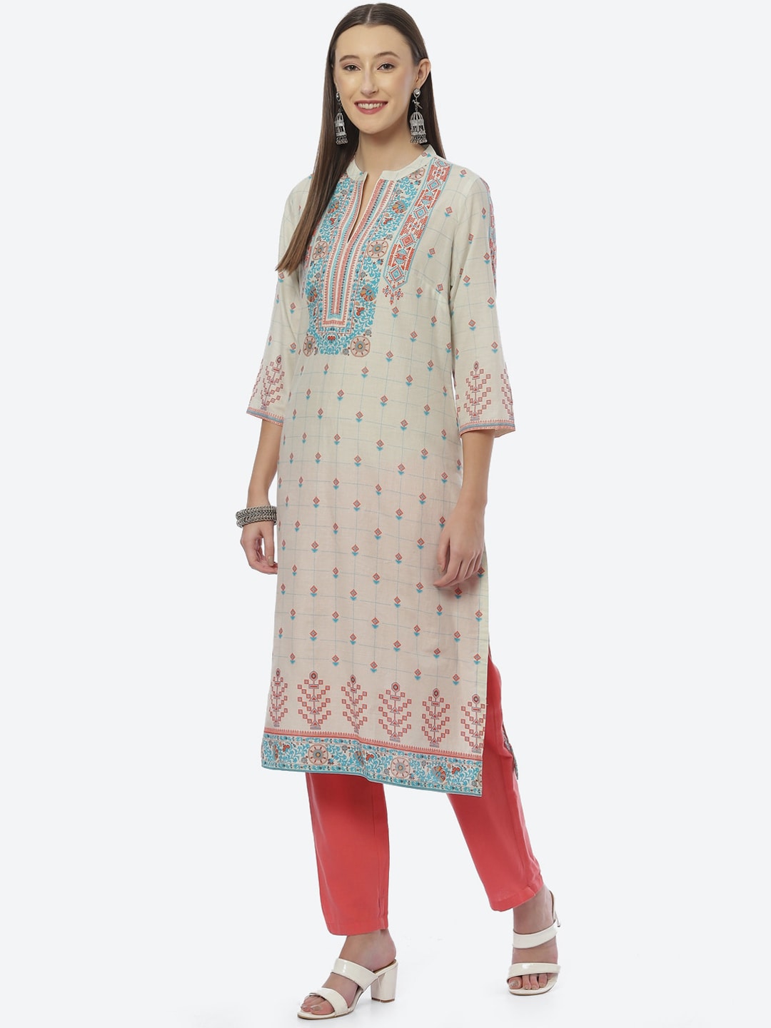 Biba Women Beige Ethnic Printed Regular Kurta - Swadesiicart