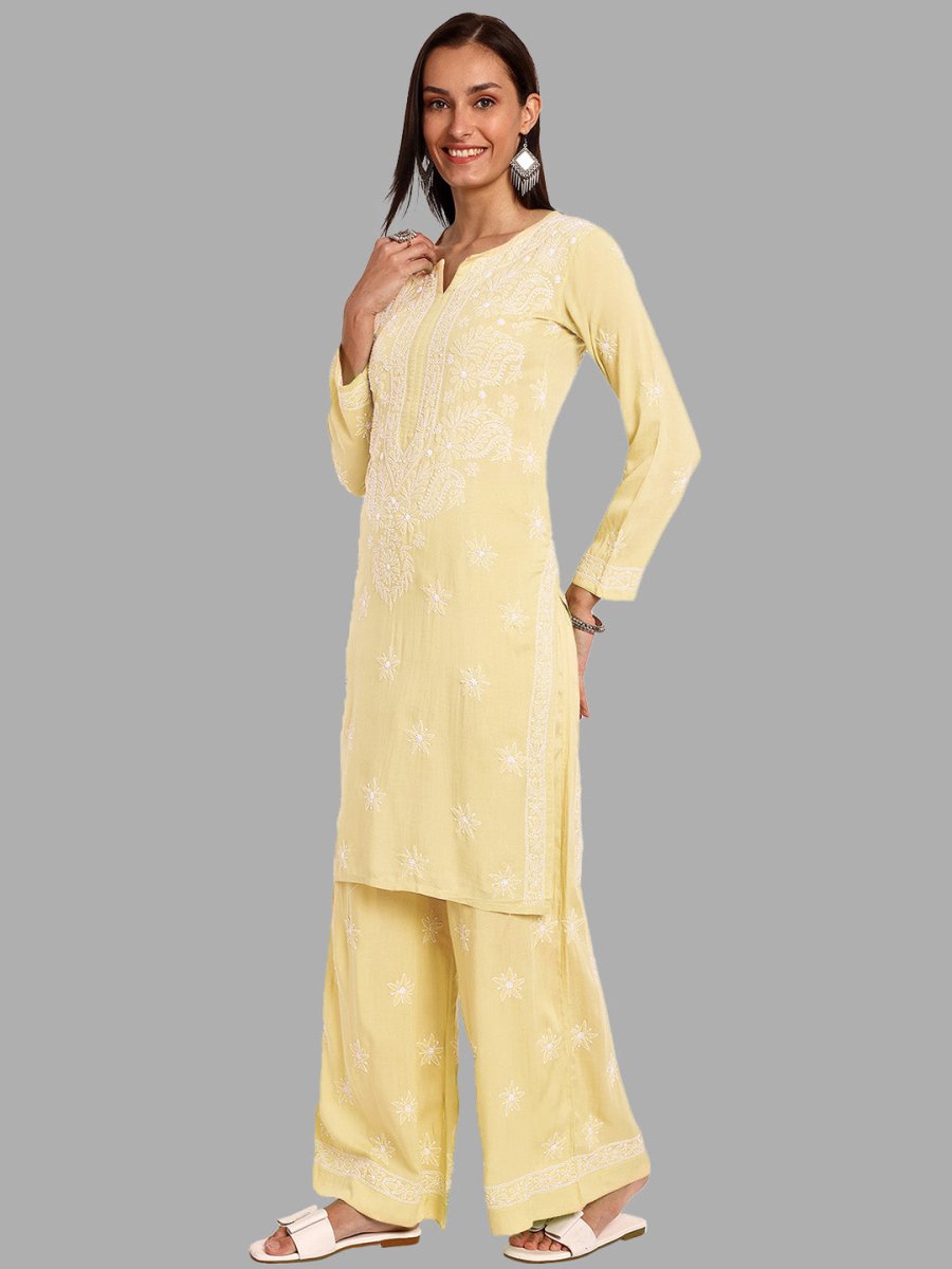 ADA Ethnic Motifs Embroidered Regular Chikankari Kurta with Palazzos | Swadesiicart