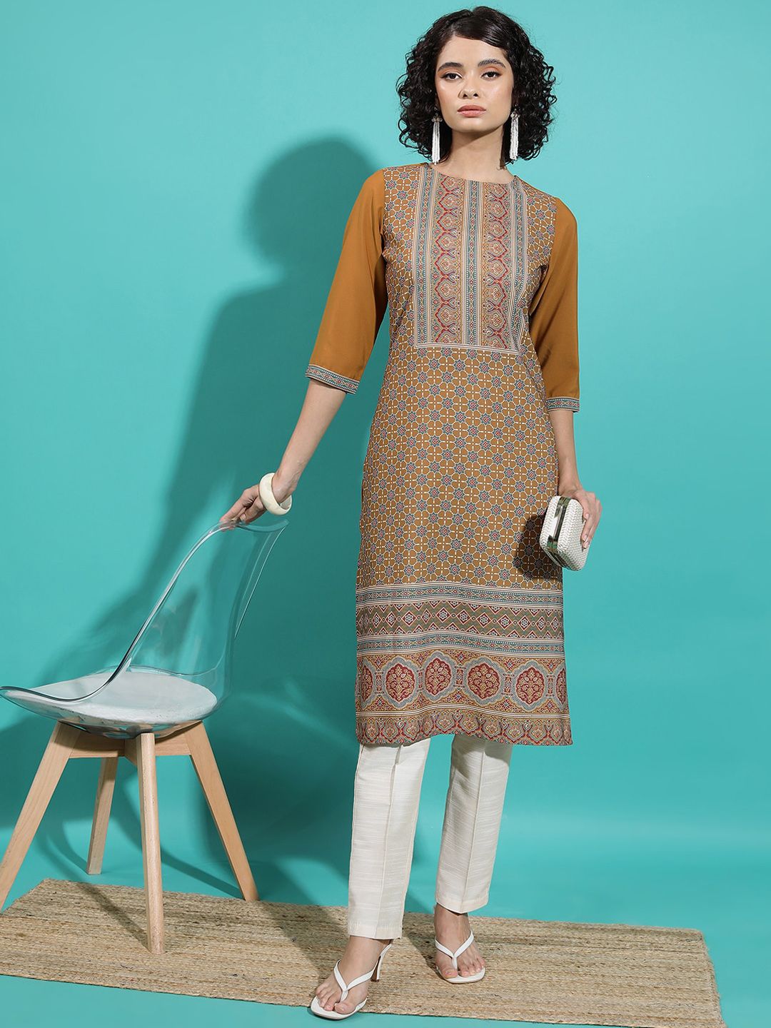 Vishudh Rust Ethnic Motifs Printed Straight Kurta - Swadesiicart
