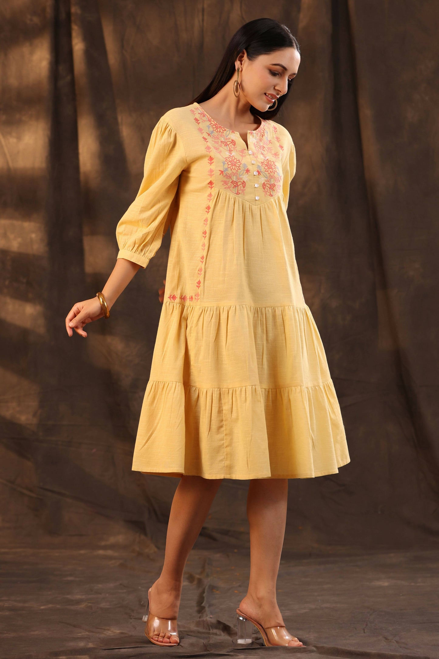 Juniper Women's Yellow Cotton Slub Solid Embroidered Tiered Dress | Swadesiicart