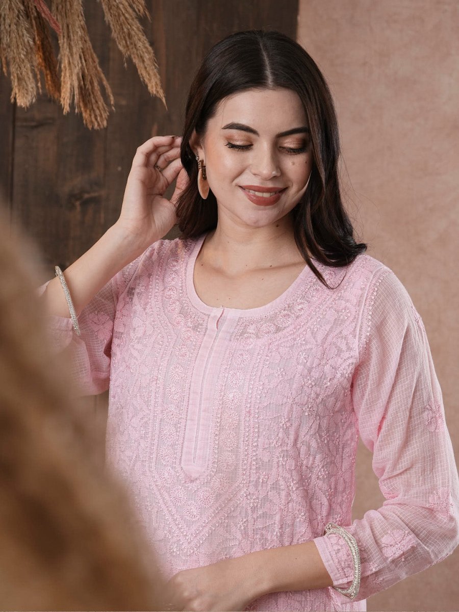 ADA Women Pink Chikankari Hand Embroidered Straight Kota Handloom Kurta With Matching Slip | Swadesiicart