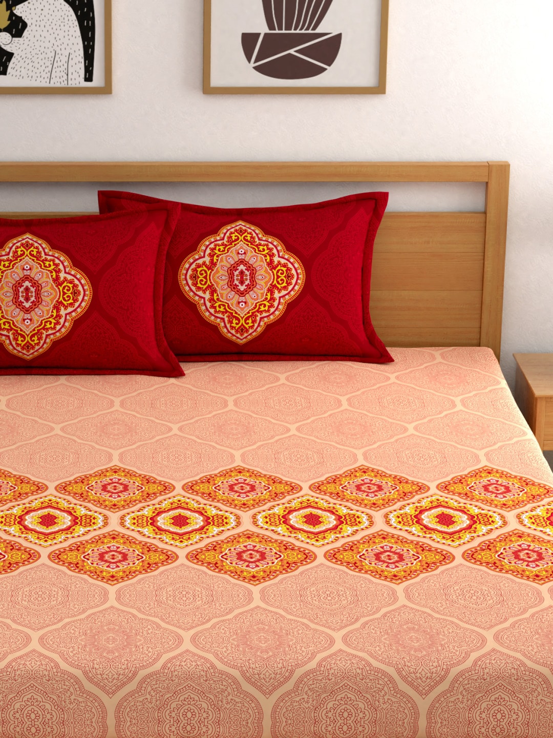 Dreamscape Pink Ethnic Motifs 144 TC Cotton Bedsheet with Pillow Covers - Swadesiicart