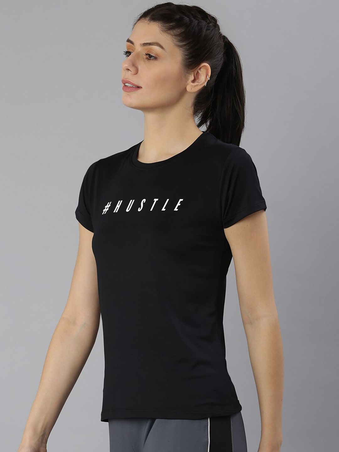MKH Women Black Typography Printed Dri-FIT Sports T-shirt - Swadesiicart