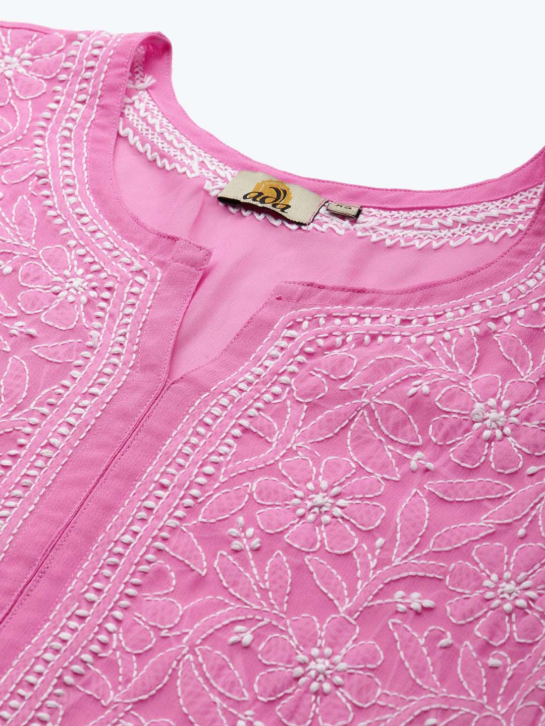 ADA Women Pink & White Ethnic Motifs Embroidered Chikankari Handloom Kurta with Trousers | Swadesiicart