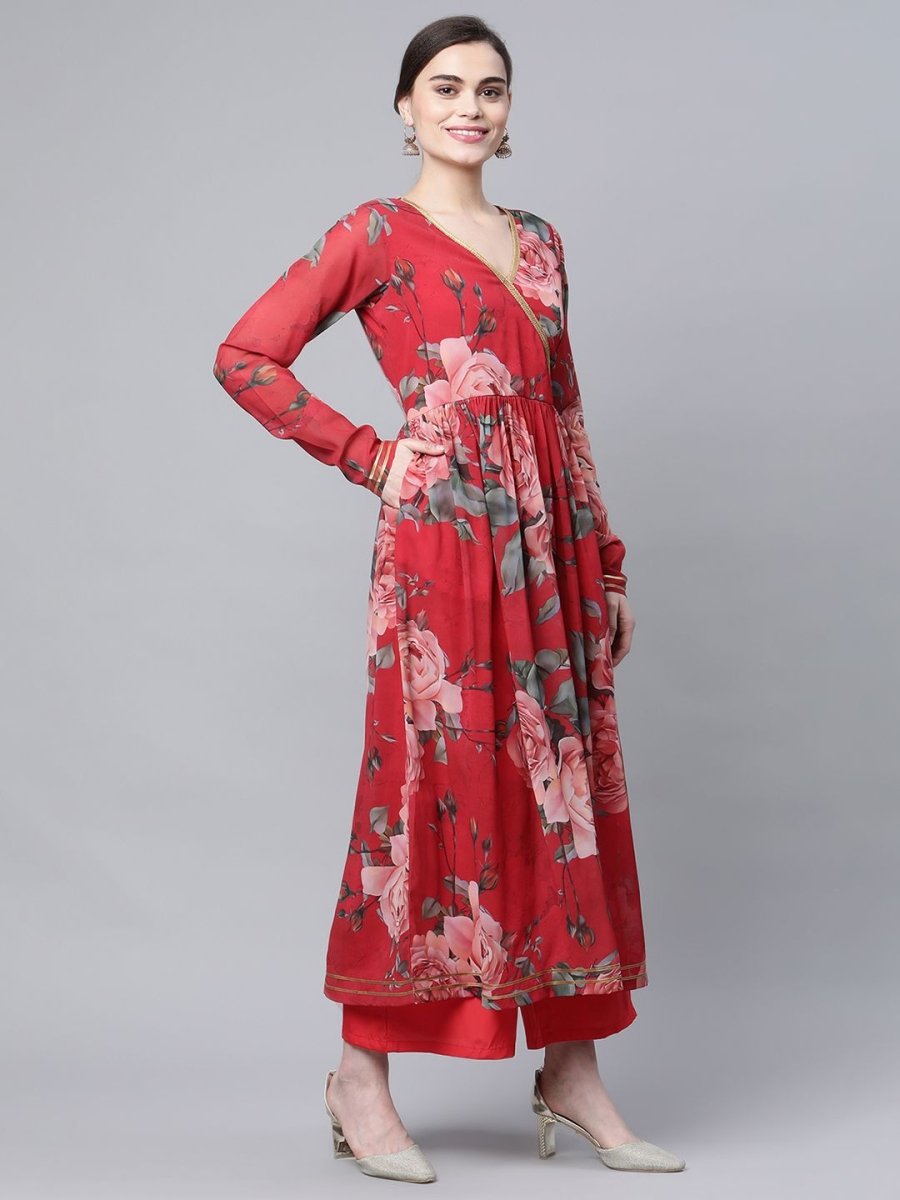 Ahalyaa Women Red Georgette Digital Floral Printed Kurta Palazzo Set - Swadesiicart