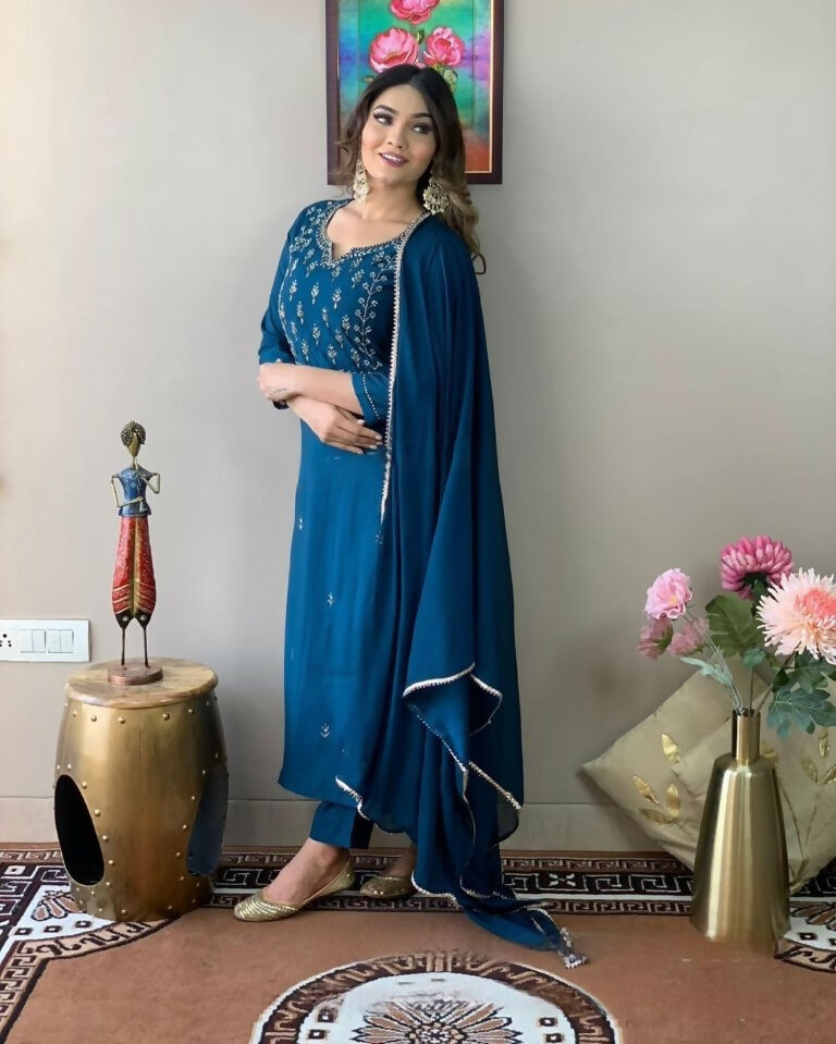Ethnic Festive Wear Reyon Slub Rama Stitched Suit With Dupatta - Tanisha | Swadesiicart