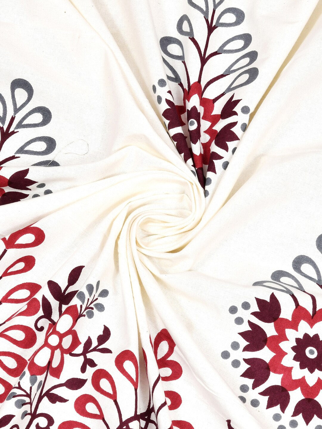JAIPUR FABRICWhite Red Ethnic Motifs Cotton 250 TC King Bedsheet With 2 Pillow Covers | Swadesiicart