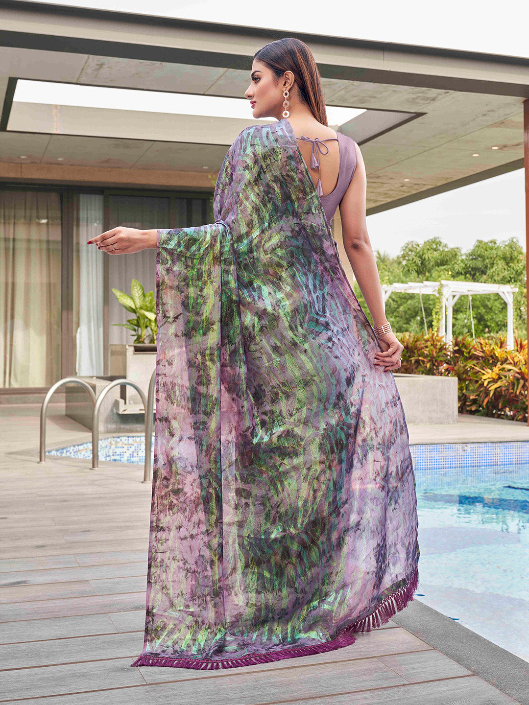 Tikhi Imli Mauve Abstract Printed Satin Half and Half Saree | Swadesiicart