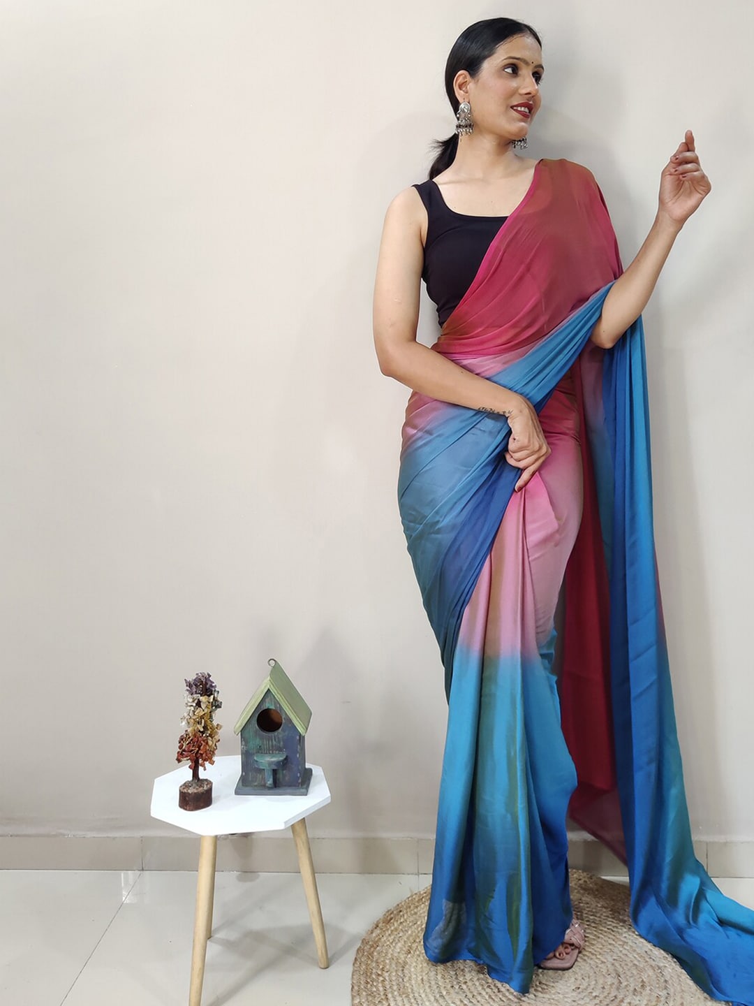 Mitera Pink & Blue Ombre Ready To Wear Saree | Swadesiicart