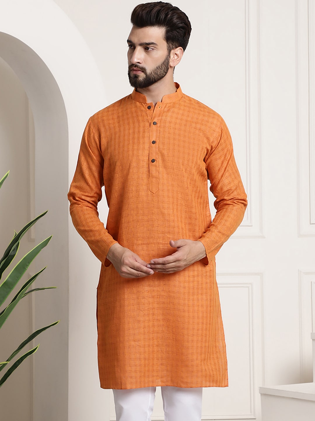 Sojanya Men Orange Dobby Self-Checked Straight Kurta | Swadesiicart