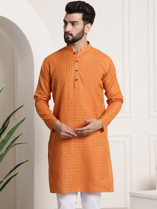 Sojanya Men Orange Dobby Self-Checked Straight Kurta | Swadesiicart