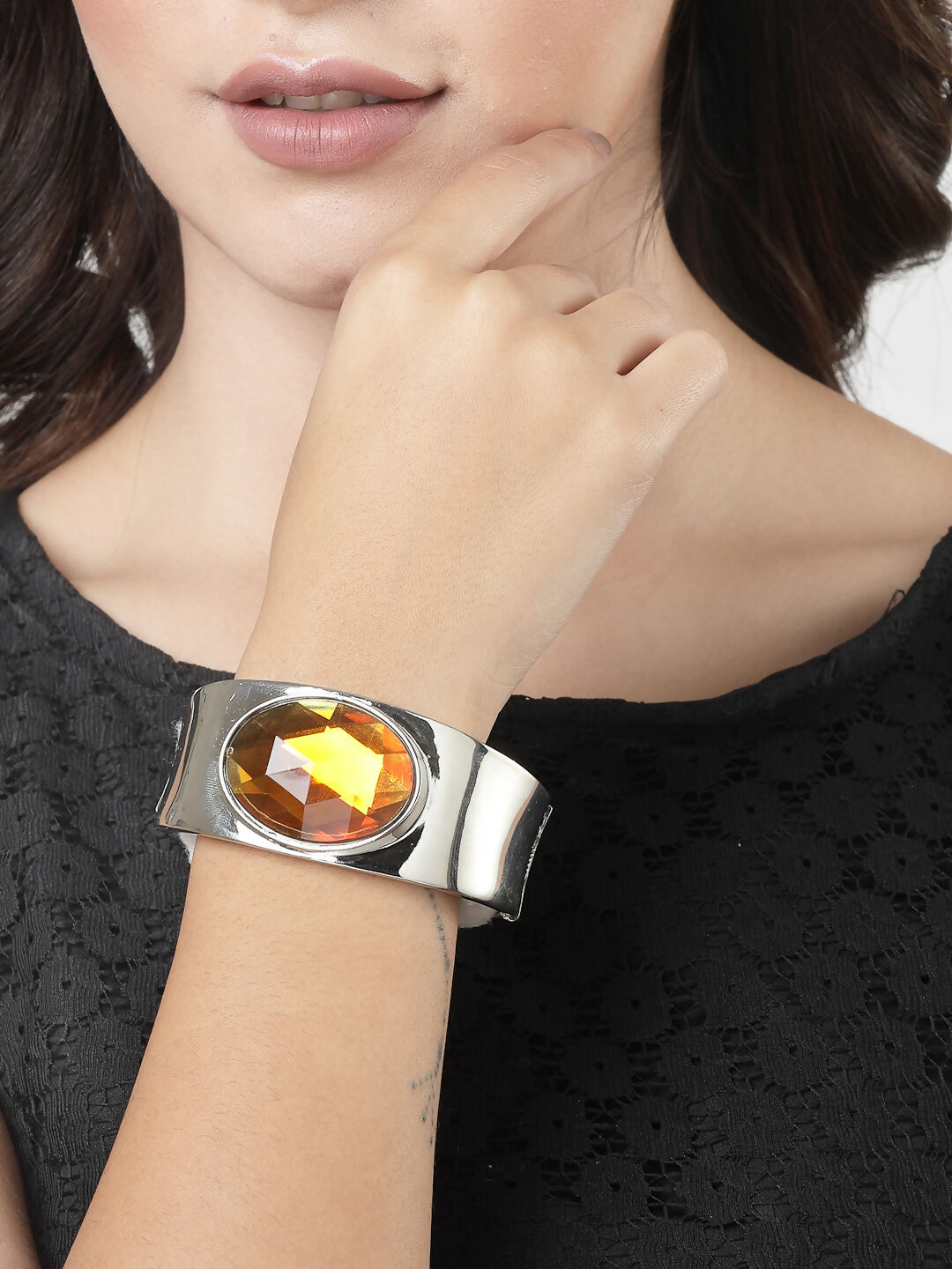 NVR Women Silver-Toned Topaz Rhodium-Plated Kada Bracelet - Swadesiicart