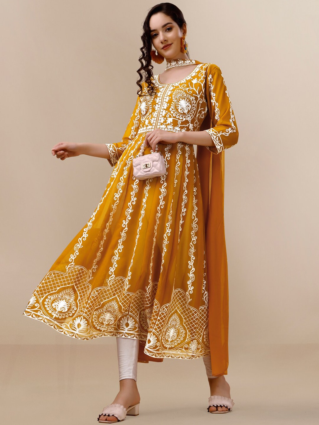 HERE&NOW Floral Lucknowi Chikankari Embroidered Georgette Anarkali Kurta with Dupatta | Swadesiicart