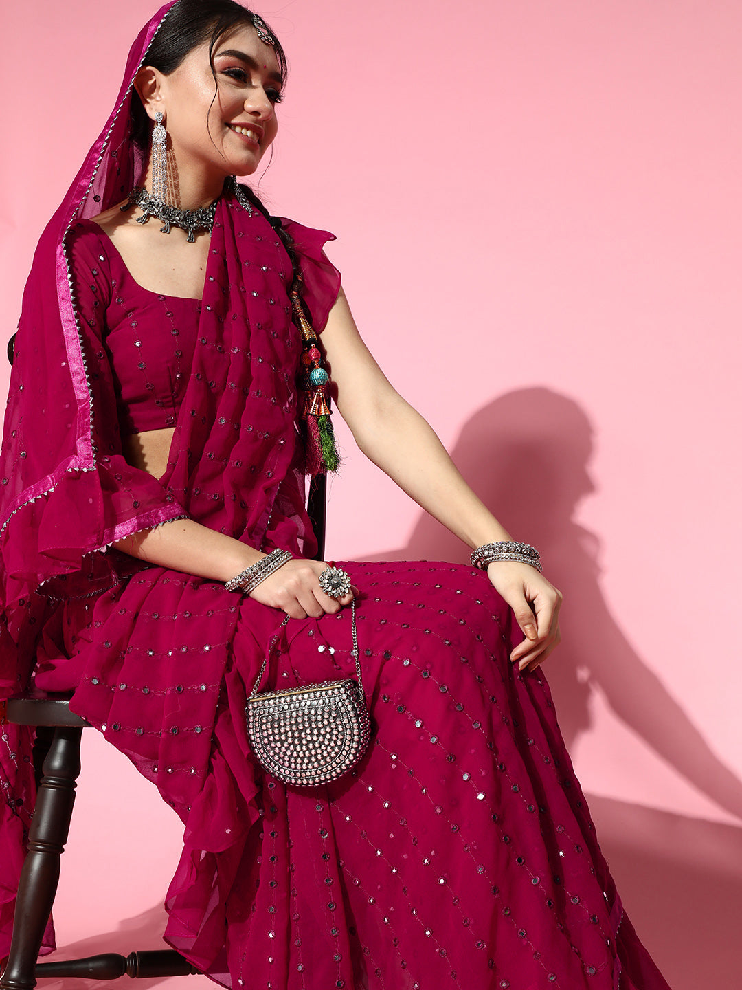 Tikhi Imli Embellished Poly-Georgette Saree with Solid border | Swadesiicart