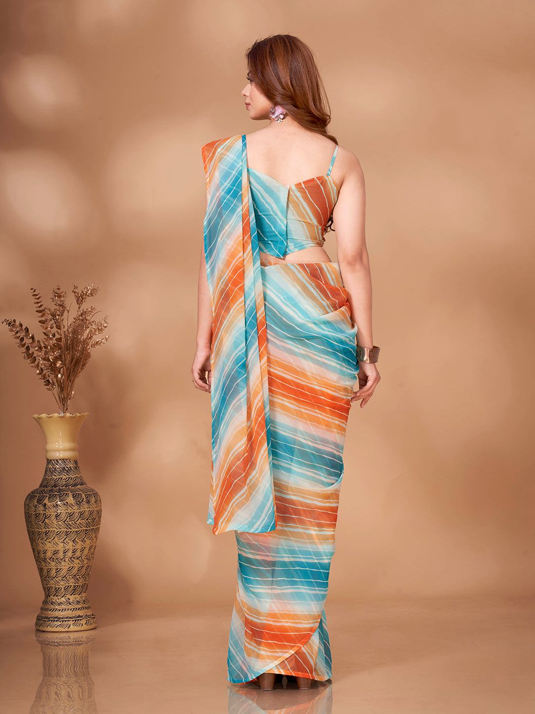 Tikhi Imli Striped Georgette Leheriya Ready to Wear Saree | Swadesiicart