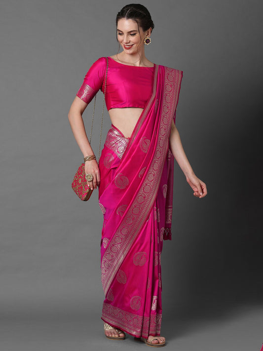 Mitera Pink & Silver-Toned Paisley Zari Silk Blend Banarasi Saree | Swadesiicart