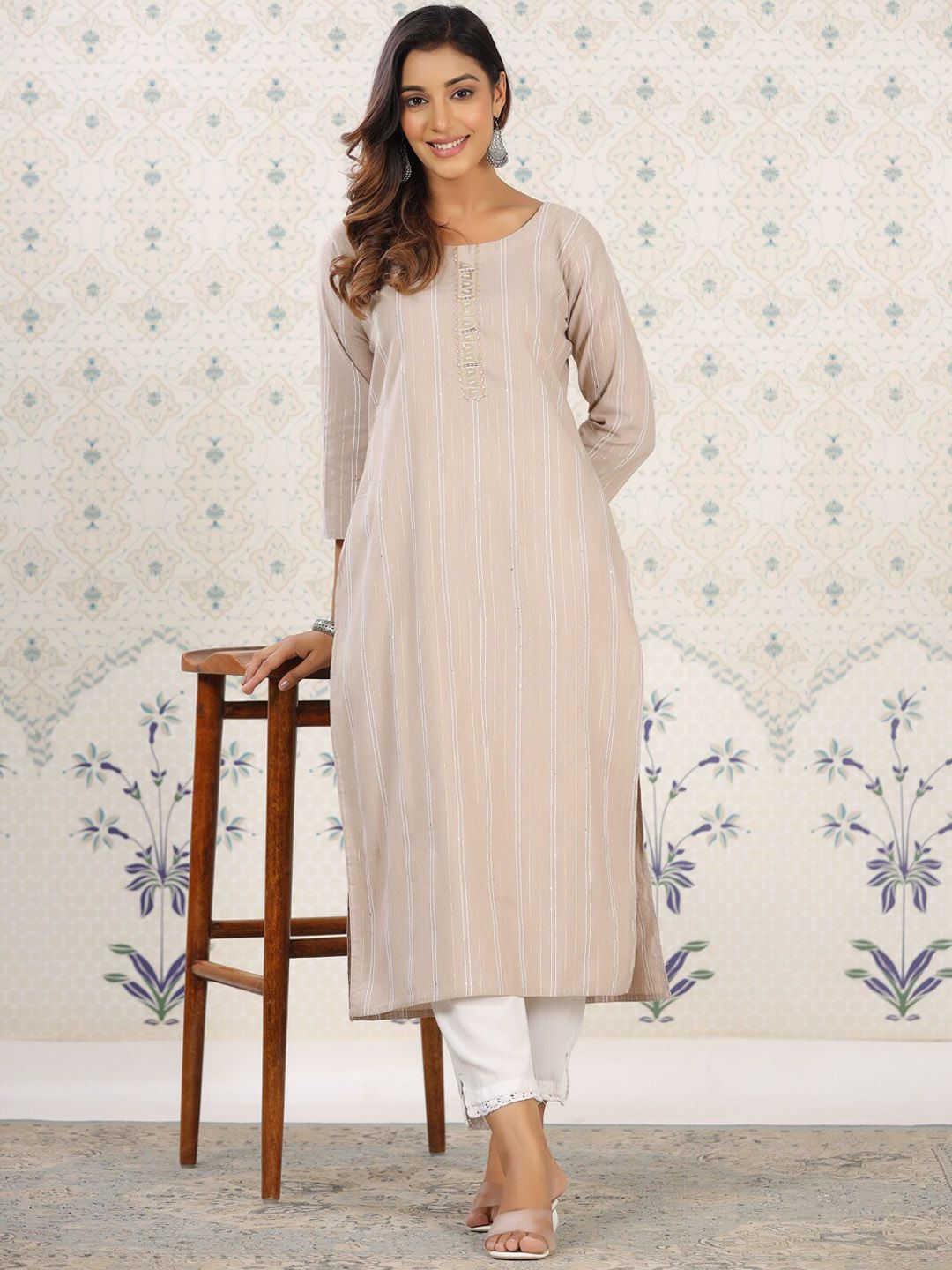 Ode by House of Pataudi Striped Round Neck Straight Cotton Kurta - Swadesiicart