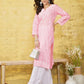 ADA Women Pink & White Chikankari Embroidered Straight Sustainable Handloom Kurta | Swadesiicart