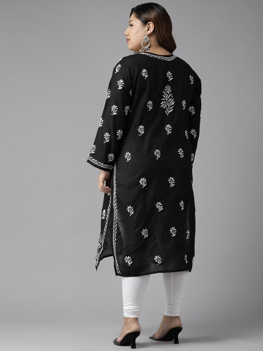 ADA Women Plus Size Black Floral Embroidered Chikankari Kurta | Swadesiicart