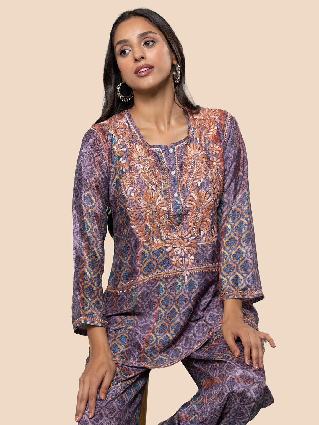 HOUSE OF KARI Floral Embroidered Regular Chikankari Straight Kurta with Palazzos | Swadesiicart