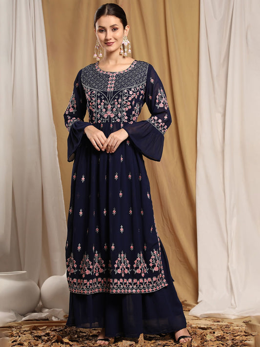 Kalini Floral Embroidered Kurta With Sharara | Swadesiicart
