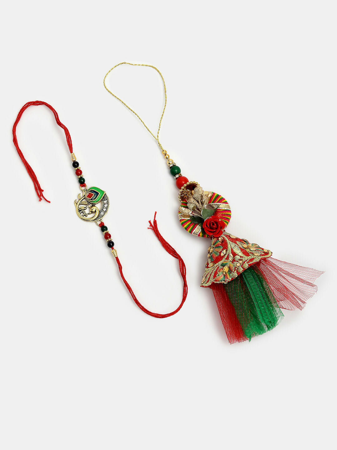 NVR Women & Men Set of 2 Multicolor Peacock Design Bhaiya Bhabhi Rakhi With Roli Chawal & Chocolate | Swadesiicart